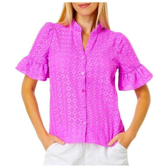 Lilly Pulitzer Tops - Lilly Pulitzer Calynn Eyelet Button Down Blouse Size-4 Wild Fuchsia